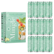 non alcoholic mojito cocktail pack with cucumber melon flavor, featuring a box and twelve cans labeled 0% ABV and 50 calories