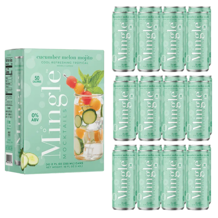 non alcoholic mojito cocktail pack with cucumber melon flavor, featuring a box and twelve cans labeled 0% ABV and 50 calories