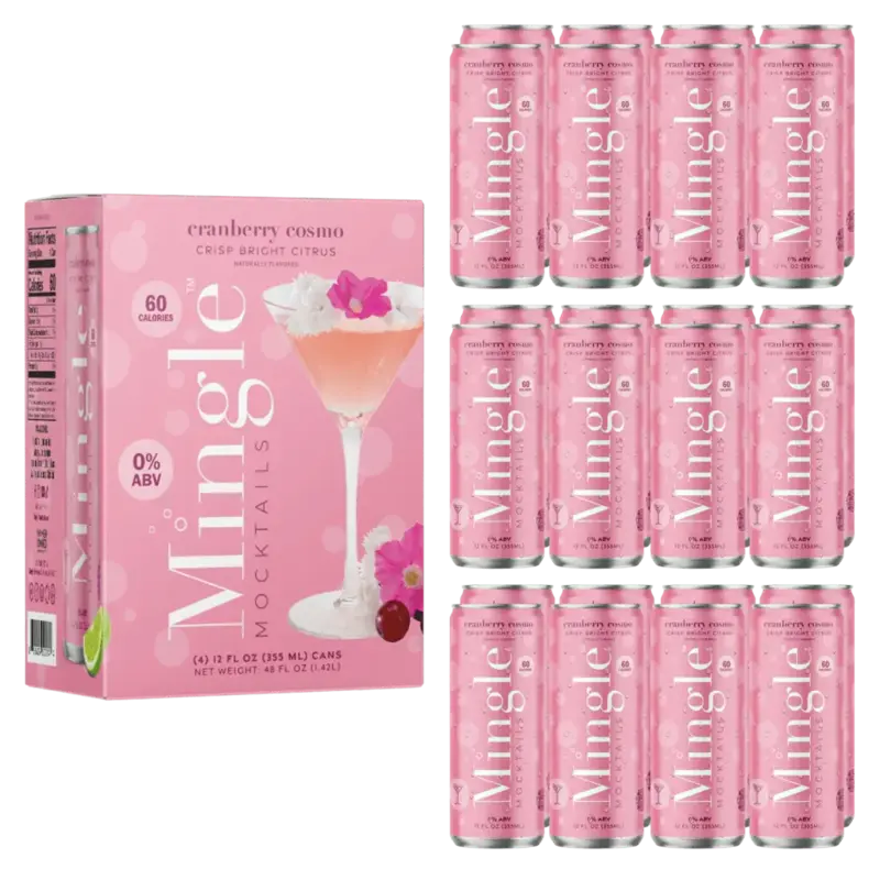 alcohol free cranberry cosmo mocktail 12 pack with pink cans and box featuring floral & citrus garnish design