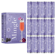 Pack of blackberry hibiscus bellini mocktails with twelve cans arranged beside a decorative box