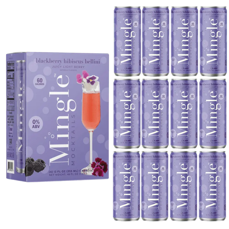 Pack of blackberry hibiscus bellini mocktails with twelve cans arranged beside a decorative box