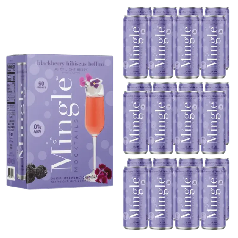 Mingle Mocktails blackberry hibiscus bellini cans arranged in rows next to their purple packaging displaying 0% ABV & 60 calories