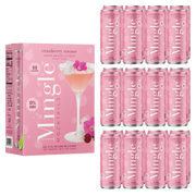 alcohol free cranberry cosmo mocktail 12 pack with pink cans and box featuring floral & citrus garnish design