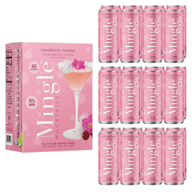 alcohol free cranberry cosmo mocktail 12 pack with pink cans and box featuring floral & citrus garnish design