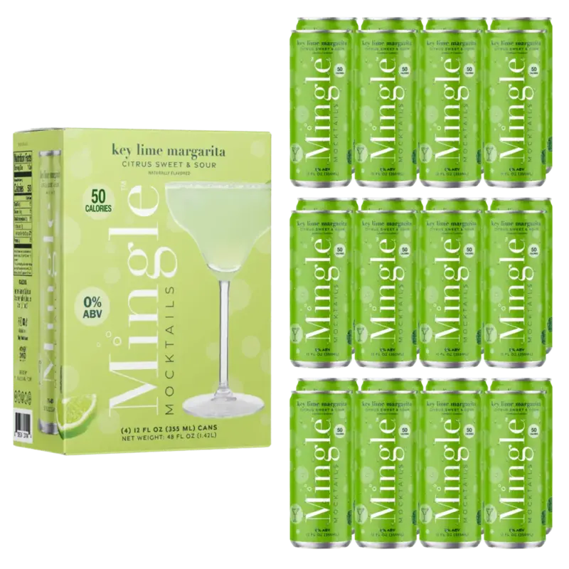 margarita mocktail with lime in a 12-pack featuring bright green cans & packaging labeled 0% ABV & 50 calories