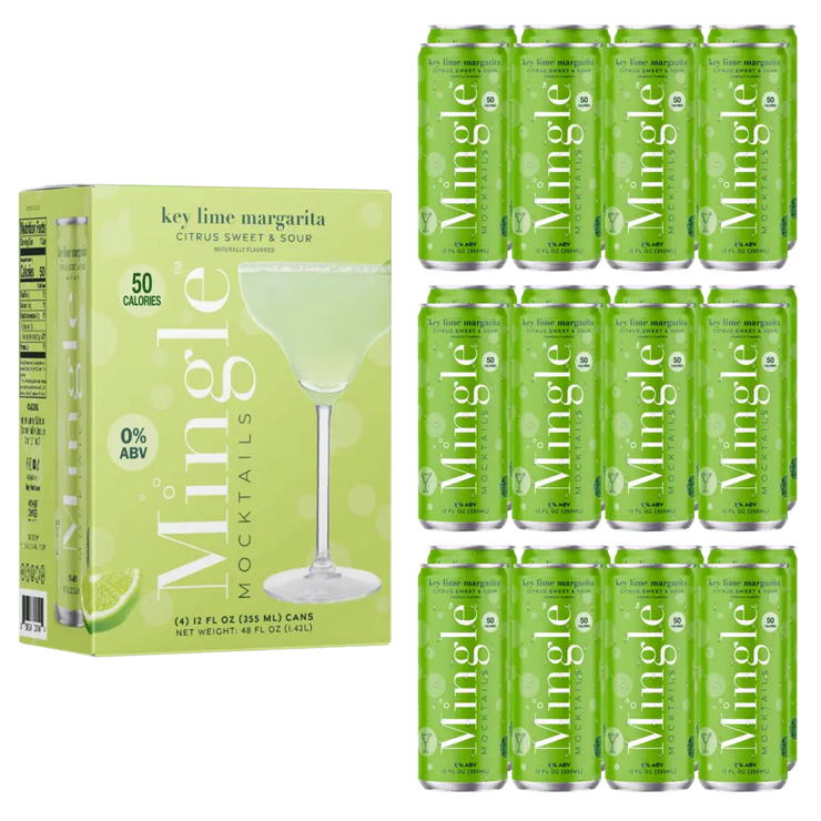 margarita mocktail with lime in a 12-pack featuring bright green cans & packaging labeled 0% ABV & 50 calories