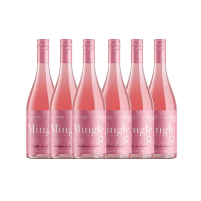 cranberry cosmo mocktail bottles arranged in a row, featuring pink labels & 0% alcohol content