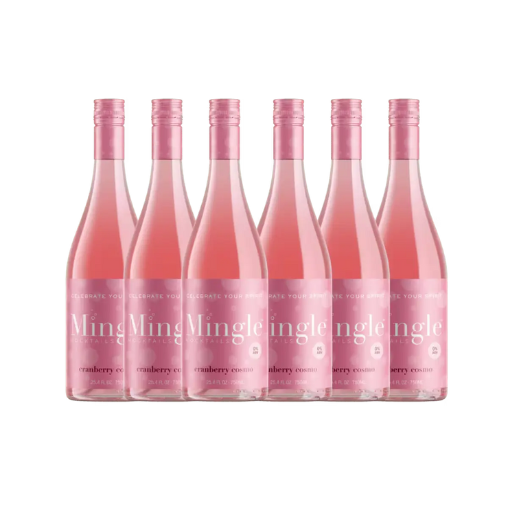 cranberry cosmo mocktail bottles arranged in a row, featuring pink labels & 0% alcohol content