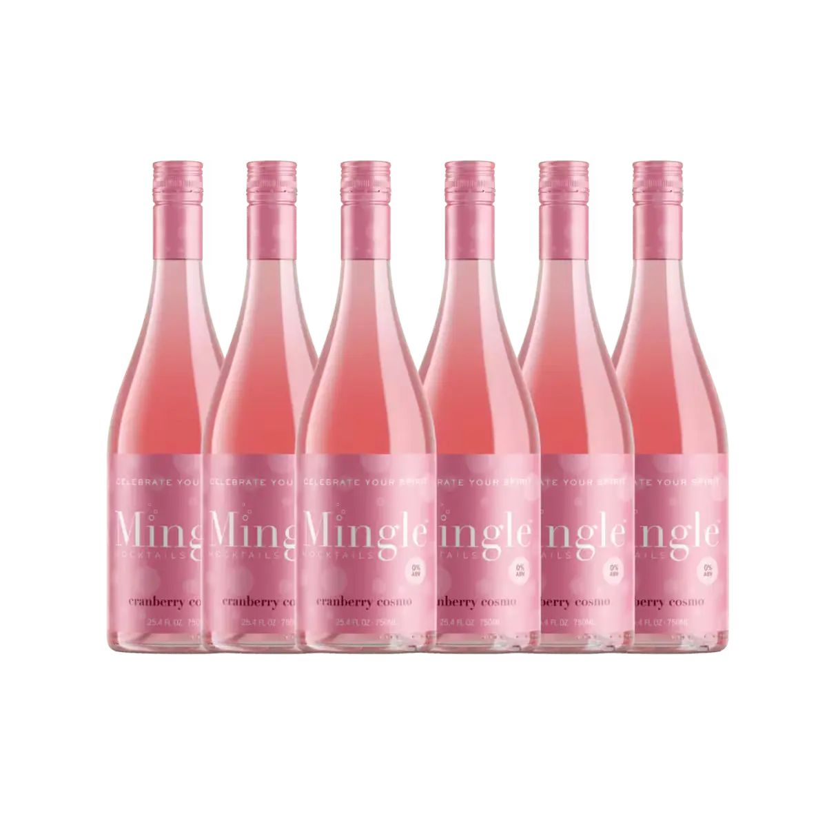 cranberrycosmo mocktail bottles arranged in a row, featuring pink labels & 0% alcohol content