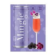 Back of Mingle Mocktails Blackberry Hibiscus Bellini 4-pack carton with detailed product highlights and nutritional information.