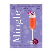 Front of Mingle Mocktails Blackberry Hibiscus Bellini 4-pack carton, showcasing festive mocktail imagery and a refreshing drink description.