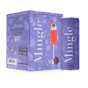 Mingle Mocktails Blackberry Hibiscus Bellini 4-pack and single can featuring vibrant packaging and a refreshing berry-inspired mocktail.