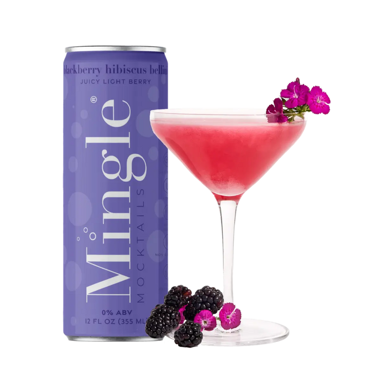 A vibrant Blackberry Hibiscus Bellini mocktail served in a cocktail glass, paired with a can of Mingle Mocktails for a festive and refreshing drink experience.