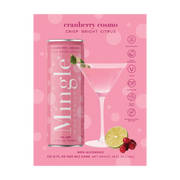 Back of Mingle Mocktails Cranberry Cosmo 4-pack carton, showcasing a founder's note and product highlights with vibrant pink packaging.