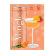 Back of Mingle Mocktails Blood Orange Elderflower Mimosa 4-pack carton, highlighting product details and nutritional facts in vibrant orange packaging.