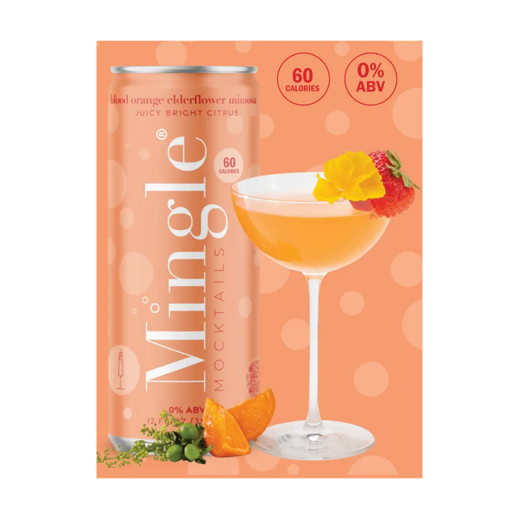 Back of Mingle Mocktails Blood Orange Elderflower Mimosa 4-pack carton, highlighting product details and nutritional facts in vibrant orange packaging.