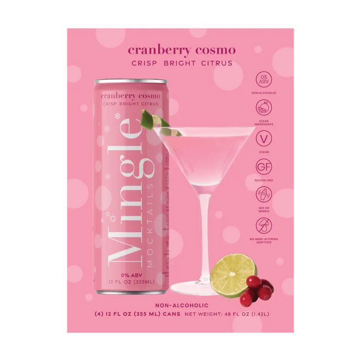 Back of Mingle Mocktails Cranberry Cosmo 4-pack carton, showcasing a founder&