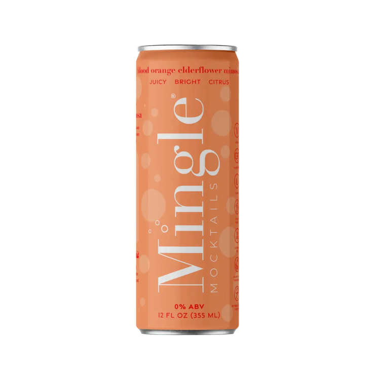 Mingle Mocktails Blood Orange Elderflower Mimosa can front design with bold orange bubbles and juicy citrus branding.