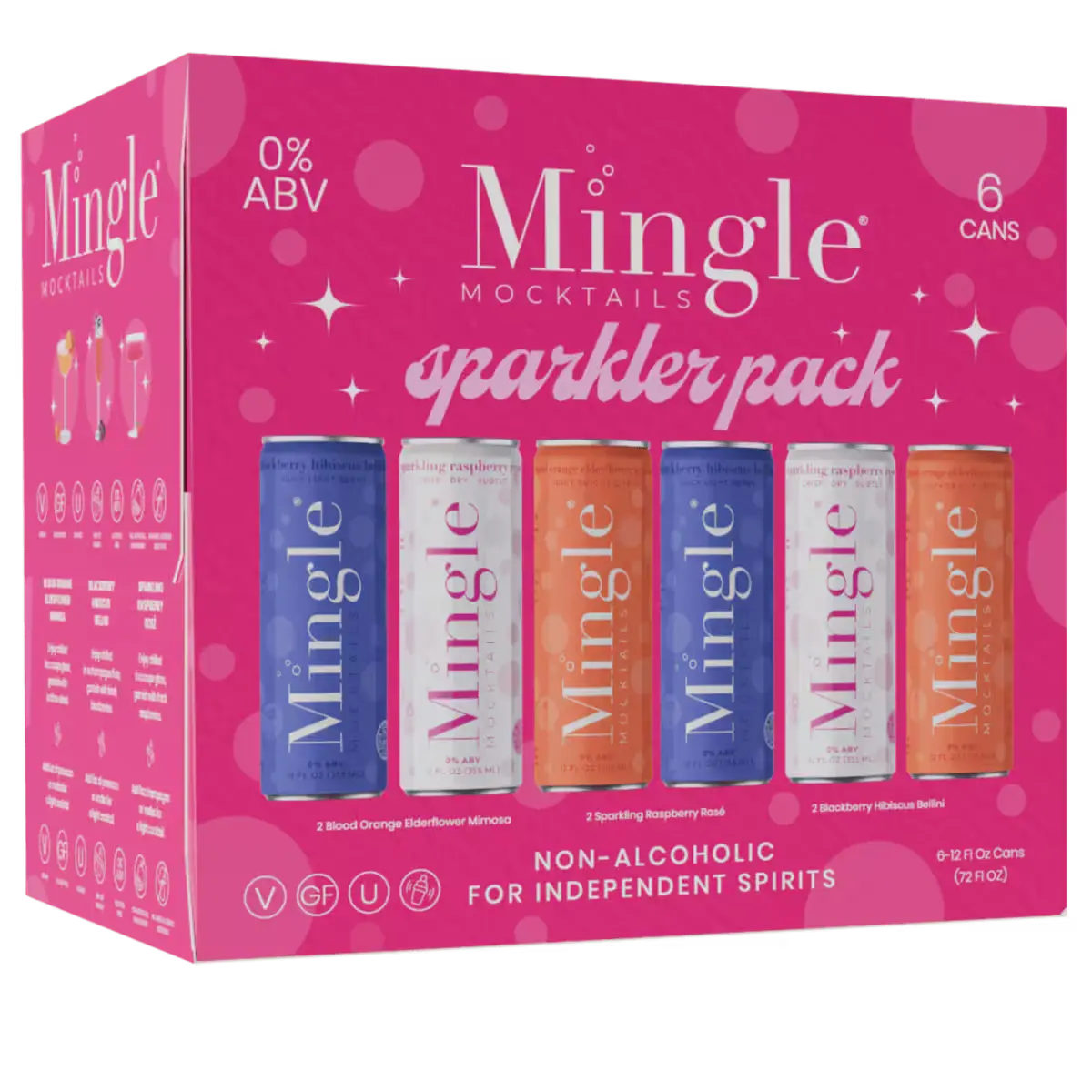 Mingle Mocktails Sparkler Pack featuring six colorful non-alcoholic beverage cans in a vibrant pink box