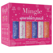 Mingle Mocktails Sparkler Pack featuring six colorful non-alcoholic beverage cans in a vibrant pink box