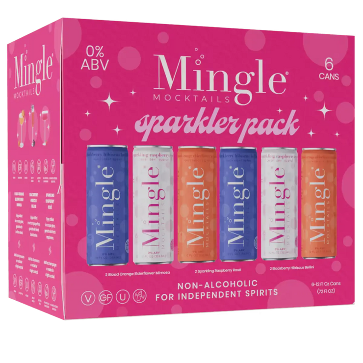 Mingle Mocktails Sparkler Pack featuring six colorful non-alcoholic beverage cans in a vibrant pink box