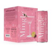 Mingle Mocktails Cranberry Cosmo 4-pack and single can featuring elegant pink packaging and a crisp, bright citrus mocktail.