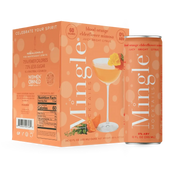 Mingle Mocktails Blood Orange Elderflower Mimosa 4-pack and single can featuring vibrant orange packaging and a juicy, bright citrus mocktail.