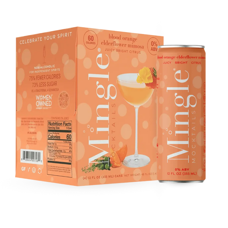 Mingle Mocktails Blood Orange Elderflower Mimosa 4-pack and single can featuring vibrant orange packaging and a juicy, bright citrus mocktail.