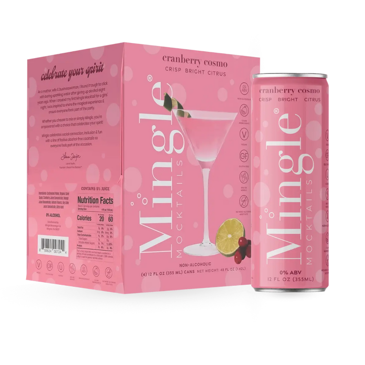 Mingle Mocktails Cranberry Cosmo 4-pack and single can featuring elegant pink packaging and a crisp, bright citrus mocktail.