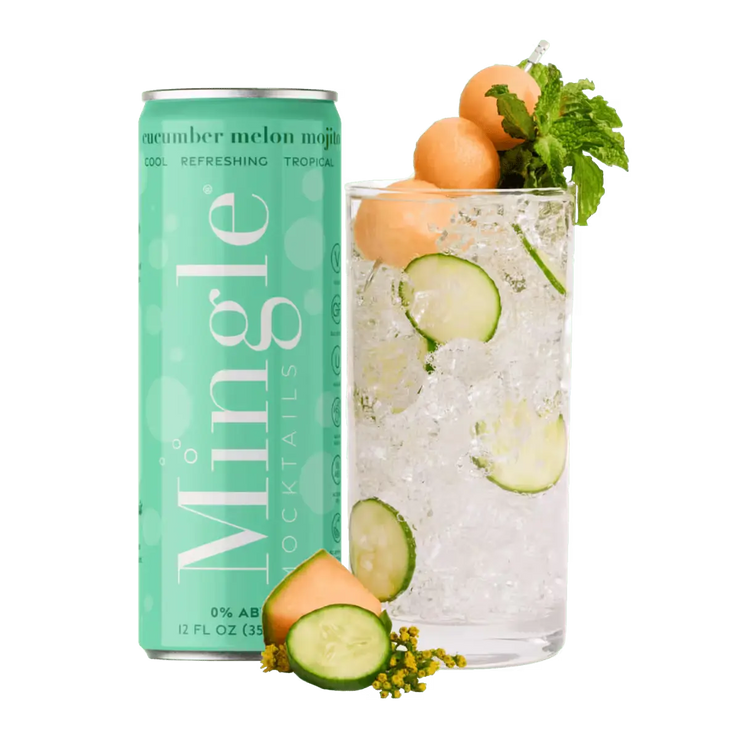 Cucumber Melon Mojito can by Mingle Mocktails next to a refreshing glass garnished with cucumber, melon balls, and mint