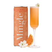 A vibrant Blood Orange Elderflower Mimosa mocktail served in a champagne flute, garnished with fresh orange and elderflower, paired with a can of Mingle Mocktails for a sophisticated experience.