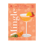 Front of Mingle Mocktails Blood Orange Elderflower Mimosa 4-pack carton, featuring festive orange design and a bright citrus drink description.