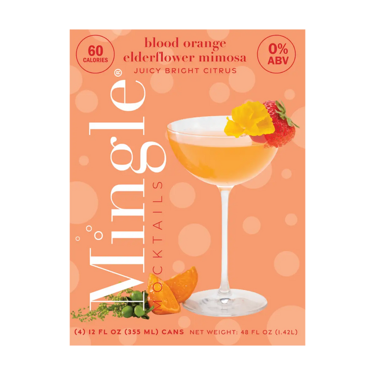 Front of Mingle Mocktails Blood Orange Elderflower Mimosa 4-pack carton, featuring festive orange design and a bright citrus drink description.