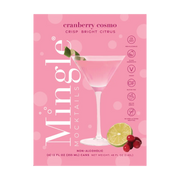 Front of Mingle Mocktails Cranberry Cosmo 4-pack carton, featuring a festive pink design and a crisp citrus drink description.