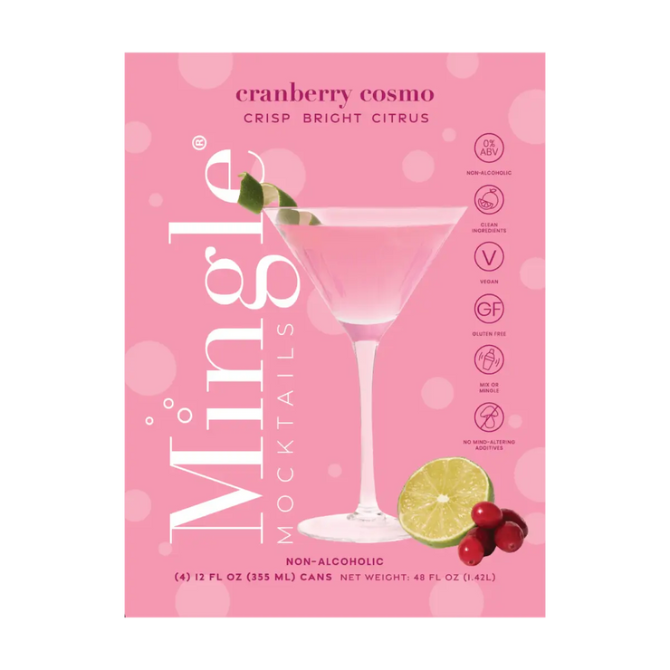 Front of Mingle Mocktails Cranberry Cosmo 4-pack carton, featuring a festive pink design and a crisp citrus drink description.