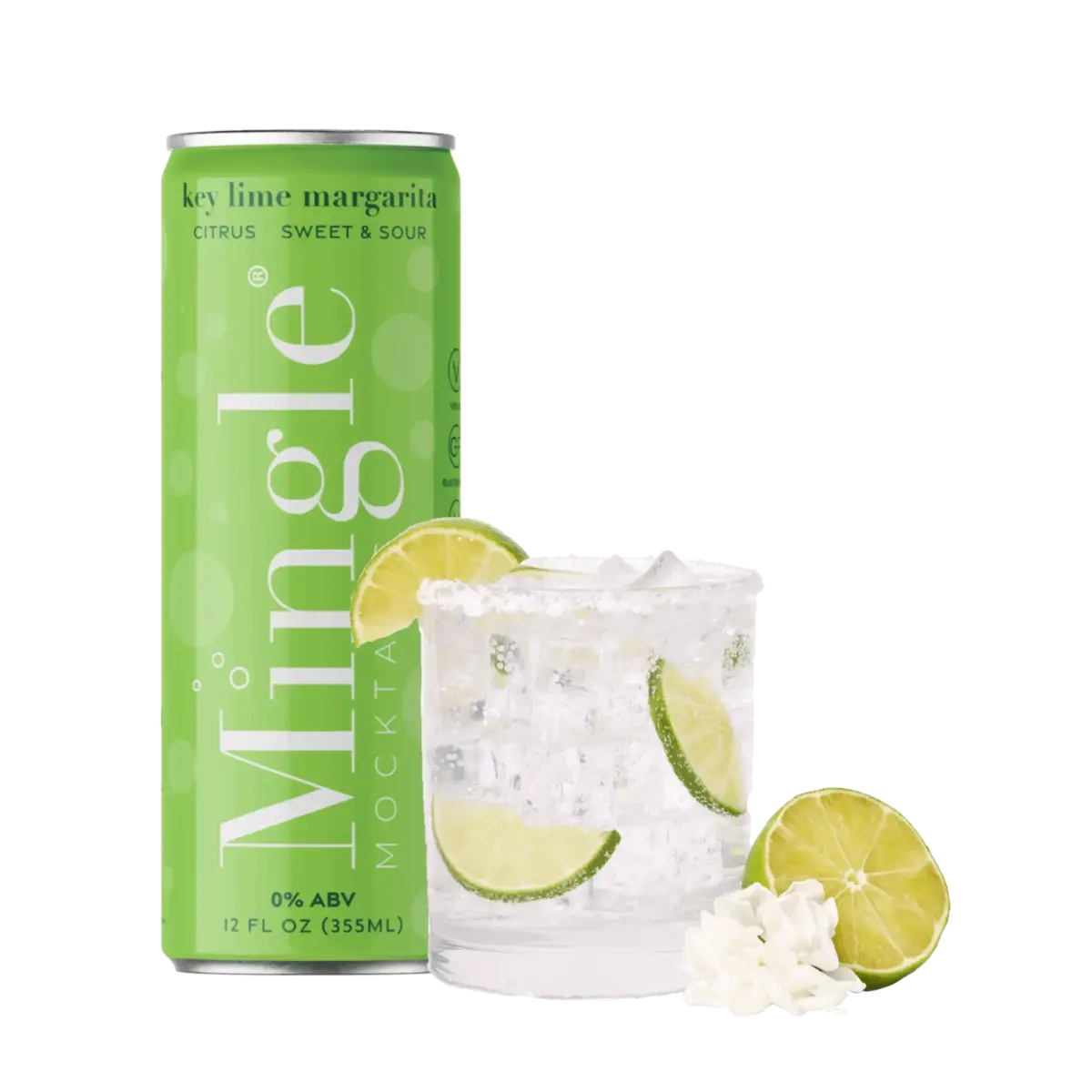 Key Lime Margarita can by Mingle Mocktails alongside a chilled glass garnished with fresh lime slices & a salted rim