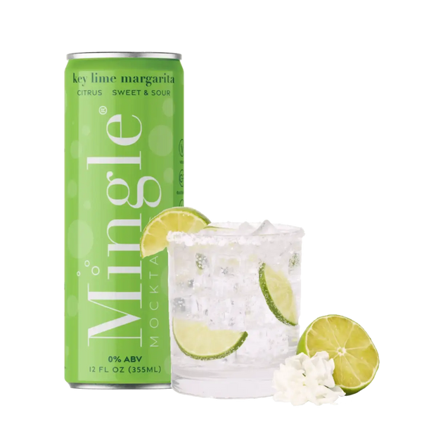 Key Lime Margarita can by Mingle Mocktails alongside a chilled glass garnished with fresh lime slices & a salted rim