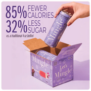 Hand placing a can of Mingle bellini mocktail into a box, highlighting reduced calories & sugar content