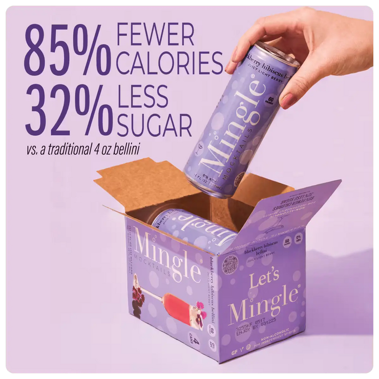 Hand placing a can of Mingle bellini mocktail into a box, highlighting reduced calories & sugar content