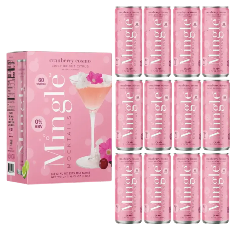 alcohol free cranberry cosmo mocktail 12 pack with pink cans & box featuring floral & citrus garnish design