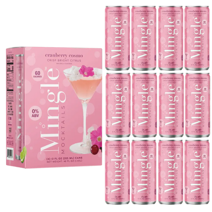 alcohol free cranberry cosmo mocktail 12 pack with pink cans & box featuring floral & citrus garnish design