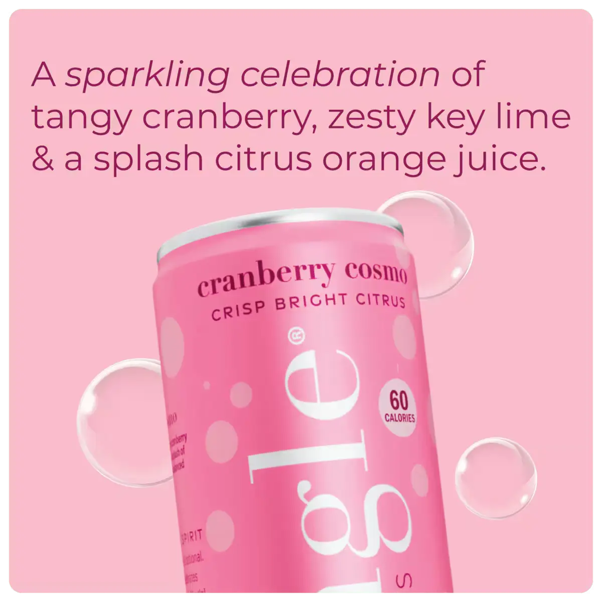 non alcoholic cranberry mocktail can  with a description highlighting citrus flavors on a pink background