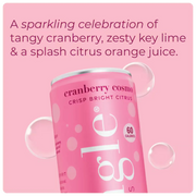 non alcoholic cranberry mocktail can  with a description highlighting citrus flavors on a pink background