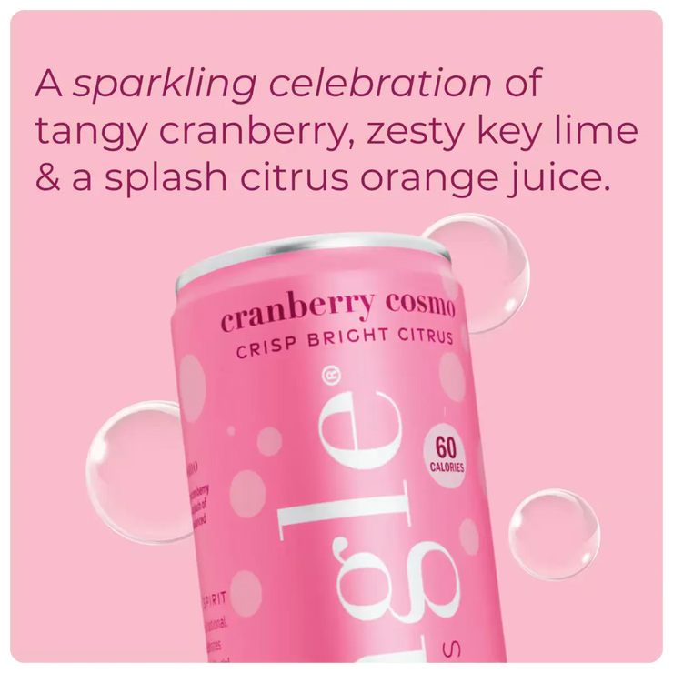 non alcoholic cranberry mocktail can  with a description highlighting citrus flavors on a pink background