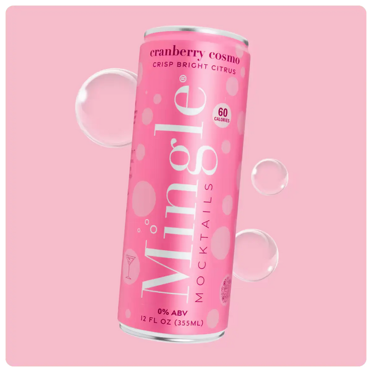 cranberry cosmo mocktail can in bright pink packaging with bubbles on a matching pink background