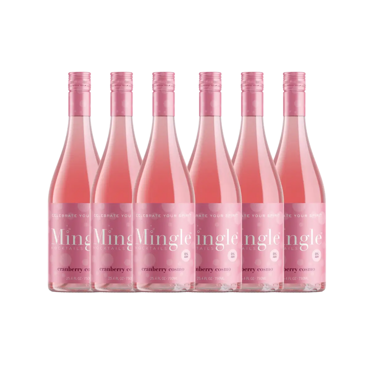 Mingle Mocktails Cranberry Cosmo 750ml bottles arranged in a lineup, showcasing a refreshing and sophisticated non-alcoholic beverage option.