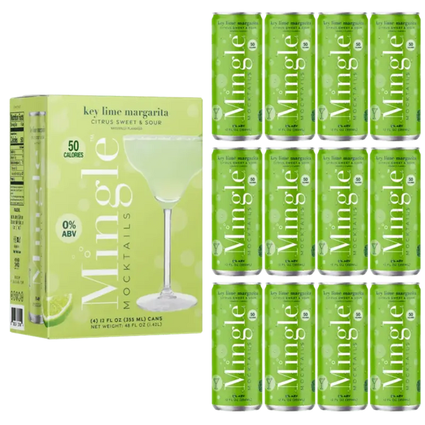 margarita mocktail with lime in a 12-pack featuring bright green cans & packaging labeled 0% ABV & 50 calories