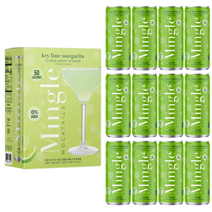 margarita mocktail with lime in a 12-pack featuring bright green cans & packaging labeled 0% ABV & 50 calories