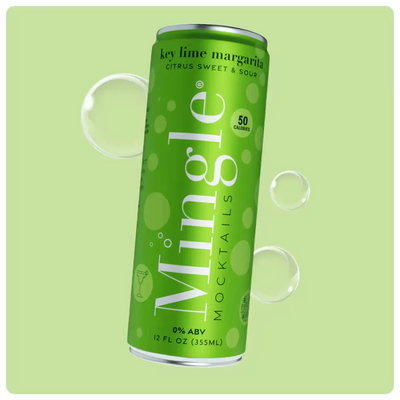 margarita mocktail with lime in a green can, labeled 0% ABV & 50 calories with a citrus sweet & sour flavor