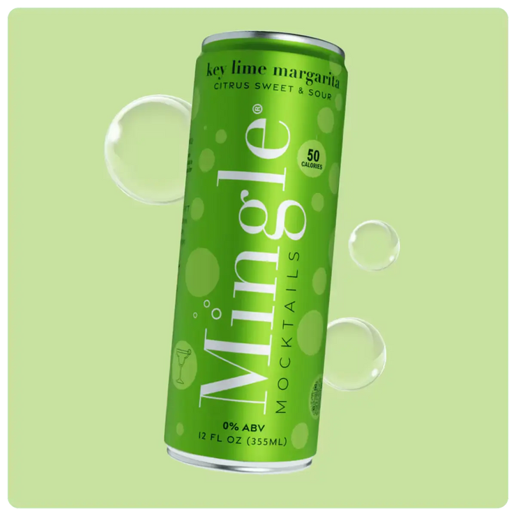 margarita mocktail with lime in a green can, labeled 0% ABV & 50 calories with a citrus sweet & sour flavor